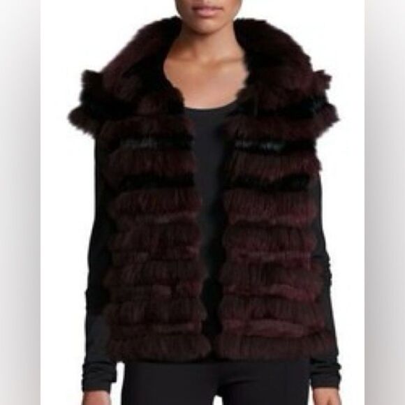 TORY BURCH BURGUNDY REAL Genuine 100% Rabbit fur Vest size xl sleeveless jacket - Picture 1 of 14